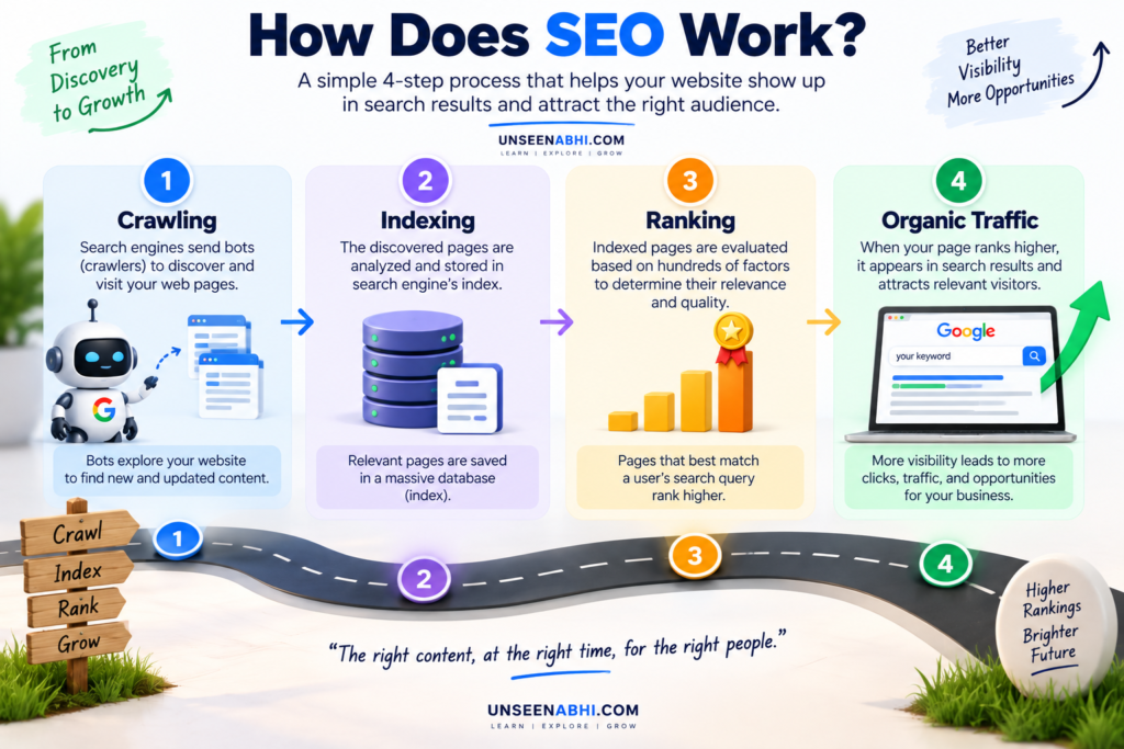 What Is SEO? A Beginner’s Guide to Search Engine Optimization Infographic explaining what SEO is and how it works through crawling, indexing, ranking, and organic traffic.