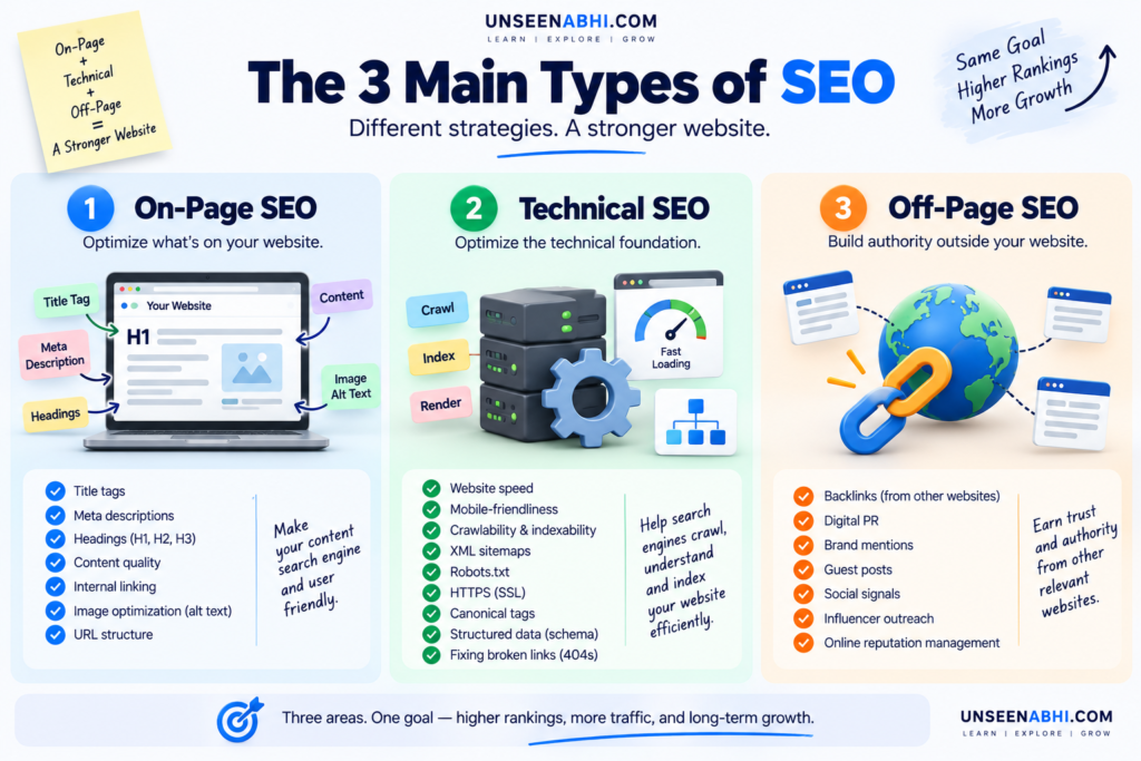 What Is SEO? A Beginner’s Guide to Search Engine Optimization Infographic showing on-page, technical, and off-page SEO and how they help improve website visibility.