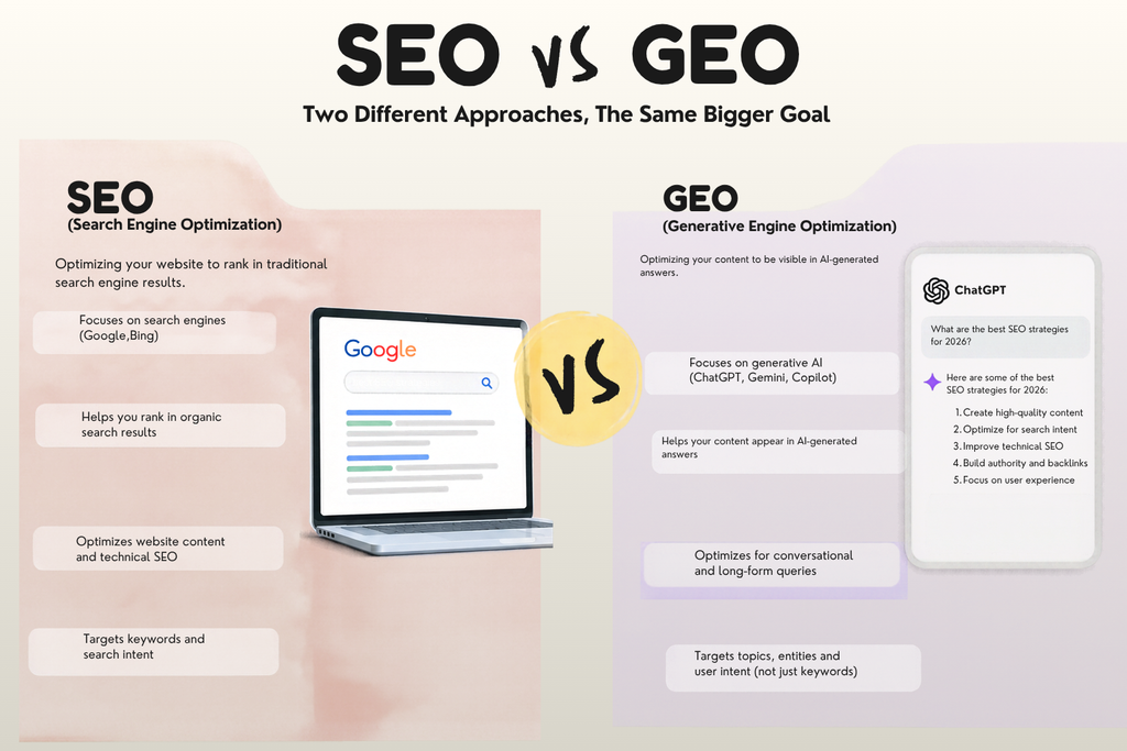 Is SEO Dead With AI? The Future of SEO in 2026 SEO vs GEO infographic comparing traditional search engine optimization with generative engine optimization for broader search visibility
It accurately describes the infographic and naturally includes SEO and GEO without keyword stuffing.